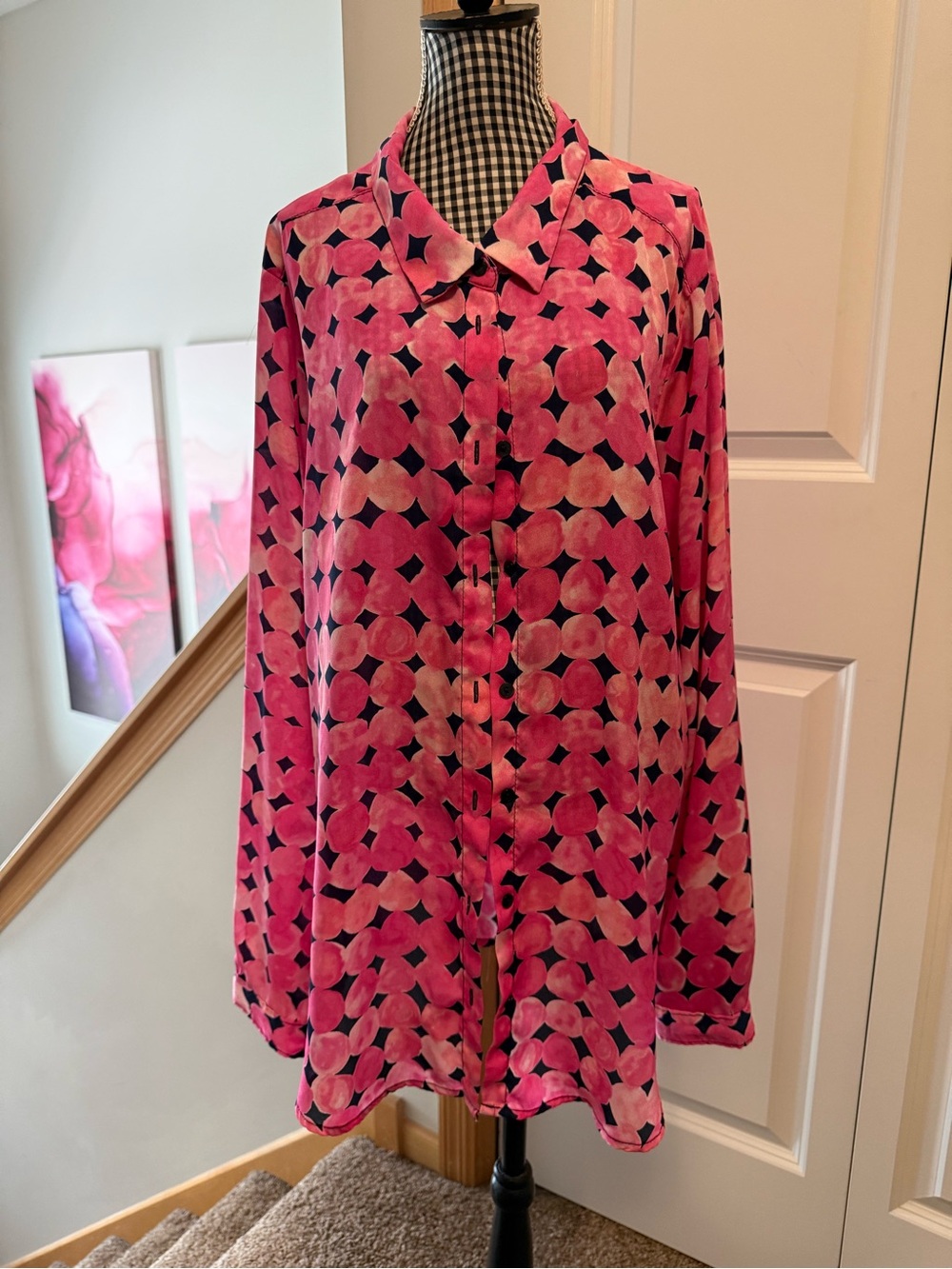 Liz Claiborne Pink and Navy Patterned Button-Down Blouse